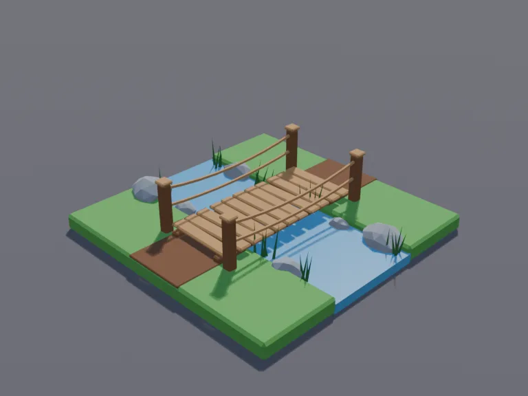 Stream Path Bridge: a low-poly path bridge piece: a wooden plank bridge over a short stretch of stream, with rope railings, posts at each corner, the dirt path continuing at…