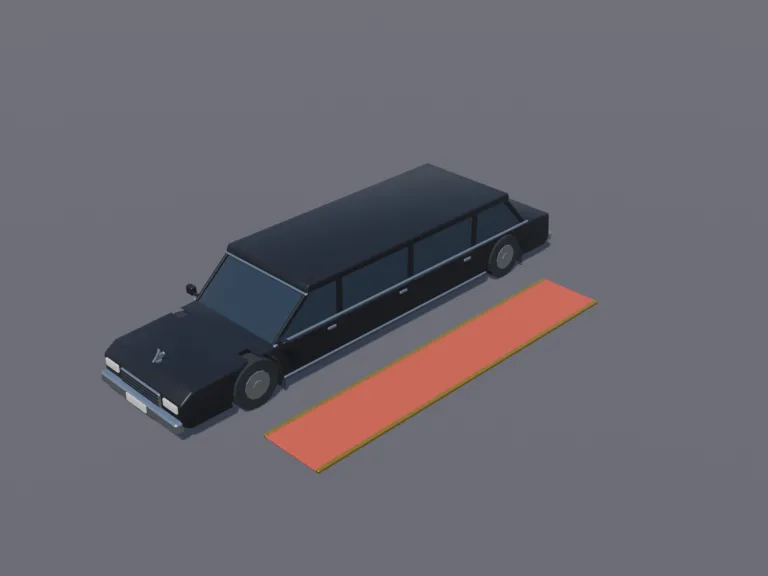 Stretch Limousine: a low-poly stretch limousine: a long black limousine with tinted windows, a long side with three doors, chrome trim, a small chrome hood ornament and a red…