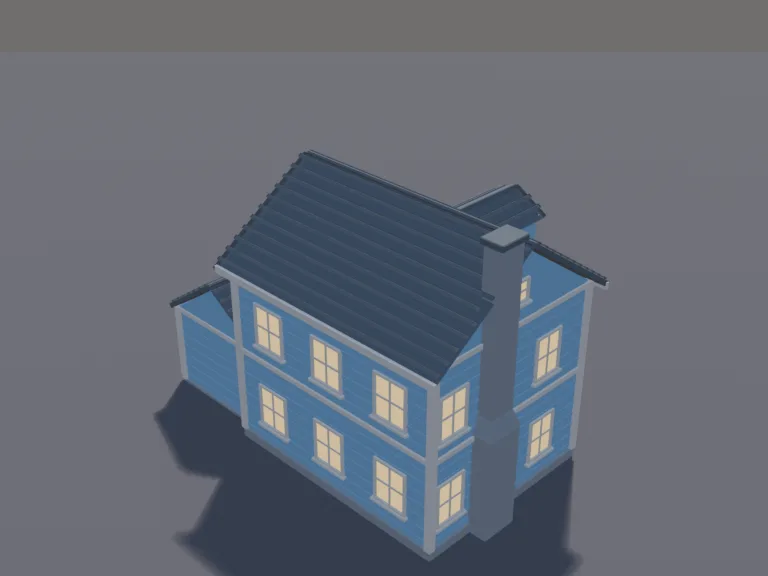 Suburban Family House: a low-poly two-storey suburban family house: pale blue siding with white trim, a grey shingle roof with a dormer, a covered front porch with two steps, a…