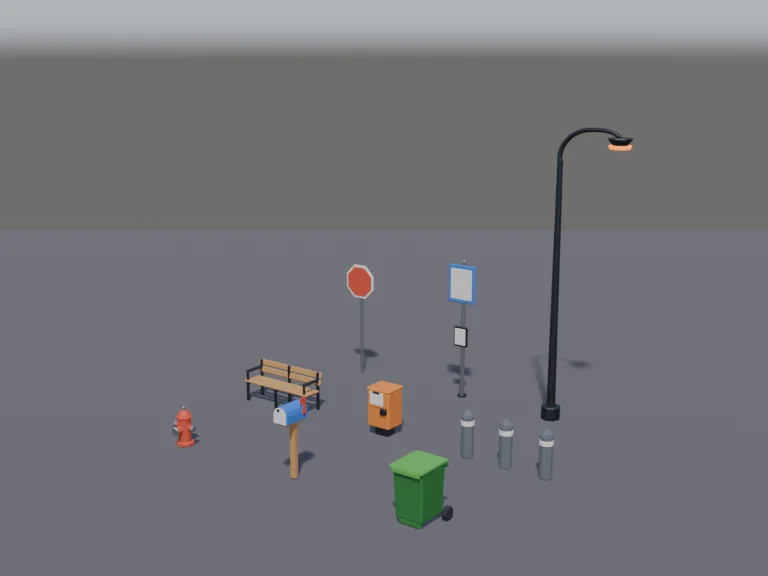 Suburban Street Props: a set of low-poly suburban street props: a red fire hydrant, a blue mailbox on a post, a green wheelie bin with its lid as its own part, a wooden park…
