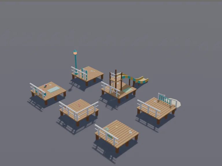 Summer Boardwalk Kit: a low-poly boardwalk kit that snaps together on a grid: a straight wooden boardwalk section, a corner, a section with steps down to the sand, a section…