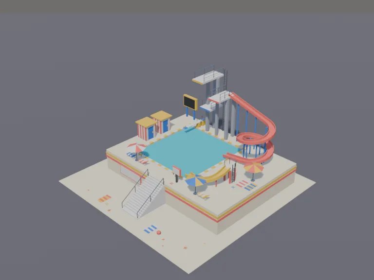 Summer Diving Pool: a low-poly diving pool: a deep pool with high diving platforms at three heights on a concrete tower, a springboard, ladders and a scoreboard left blank.