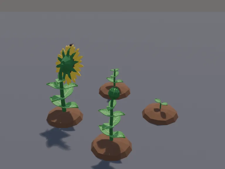 Sunflower Growth Stages: a low-poly sunflower in four growth stages, each in its own small soil mound: a sprout with two leaves, a young stalk with a few heart-shaped leaves, a…