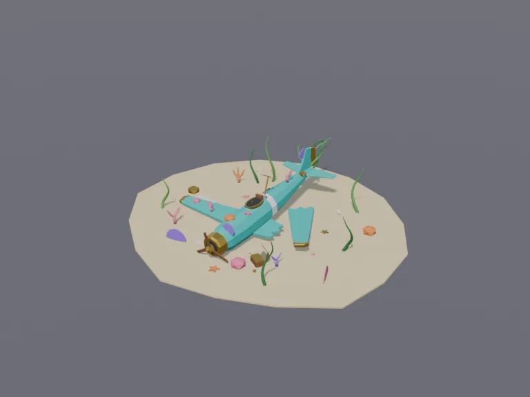 Sunken Coral Airplane: a low-poly sunken airplane: a small old propeller plane resting on the seabed with one wing broken off, coral growing over it, an open cockpit and…