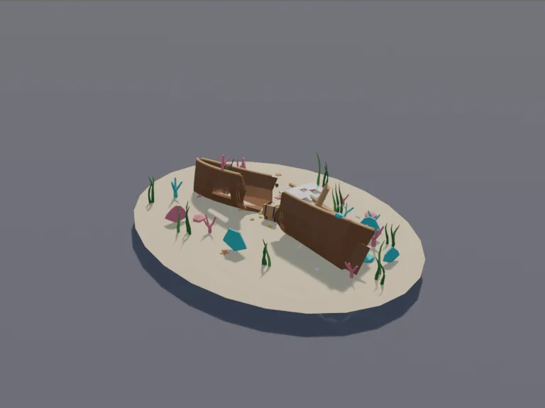 Sunken Pirate Shipwreck: a low-poly sunken shipwreck: a broken wooden ship lying tilted on the sea floor with its hull split open, a snapped mast with a tattered sail, coral…