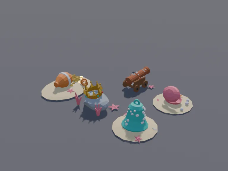 Sunken Treasure Set: a low-poly sunken treasure set: a ship's bell covered in barnacles, a broken amphora spilling gold coins, a crown on a rock, scattered pearls and a rusty…
