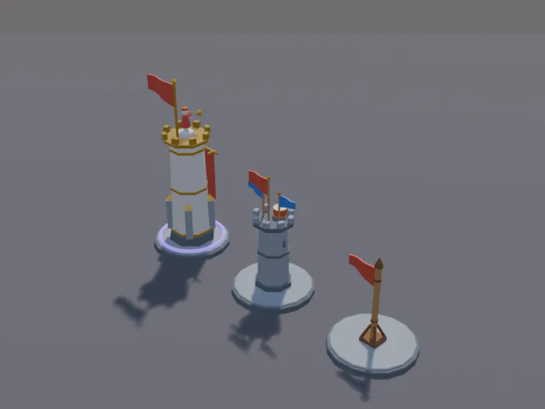 Support Banner Towers: a low-poly support banner tower in three upgrade levels, side by side: a wooden post with a single flag, a stone tower with three flags and a drum, and a…