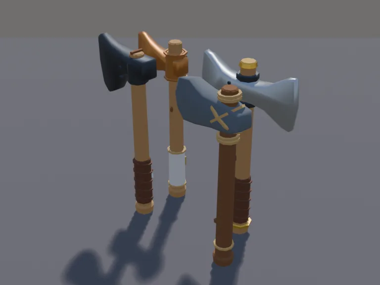 Survival Axe Tiers: a set of four low-poly axes in rising tiers: a stone axe with a lashed handle, a bronze axe.