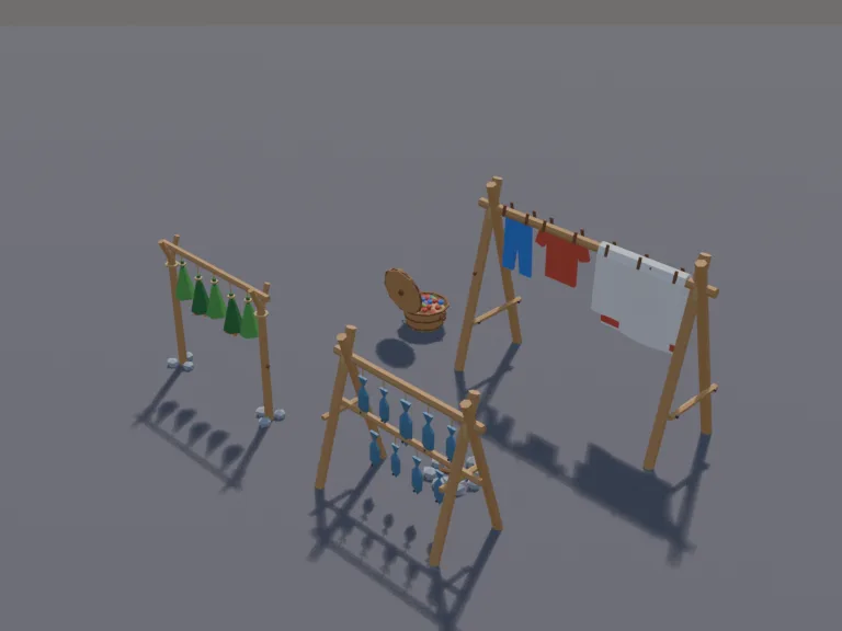 Survival Drying Racks: a low-poly drying rack set: a wooden frame with clothes and a blanket hanging to dry, a line of drying herbs, a rack of drying fish and a small basket of…