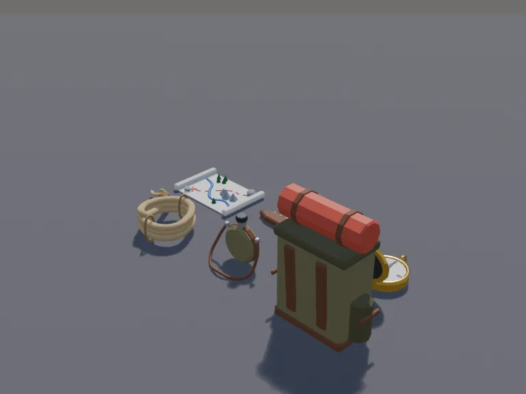 Survival Gear Set: a low-poly survival gear set: a big hiking backpack with a bedroll strapped on top, a canteen, a compass, a map, a hunting knife in a sheath and a coil of rope.