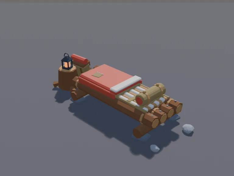 Survival Log Bedroll Camp: a low-poly sleeping area: a woven bedroll on a raised platform of logs, a rolled blanket for a pillow, a thick wool blanket, a small lantern and a…