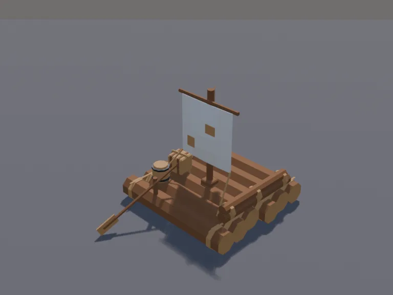 Survival Raft: a low-poly survival raft: a square platform of lashed logs with rope bindings at each end, a short mast with a patched cloth sail, a steering oar at the back, a…