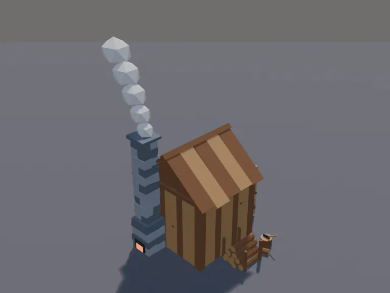 Survival Smokehouse: a low-poly smokehouse: a small wooden hut with a stone chimney puffing smoke, a door that is its own part, racks of meat visible inside, and a stack of…