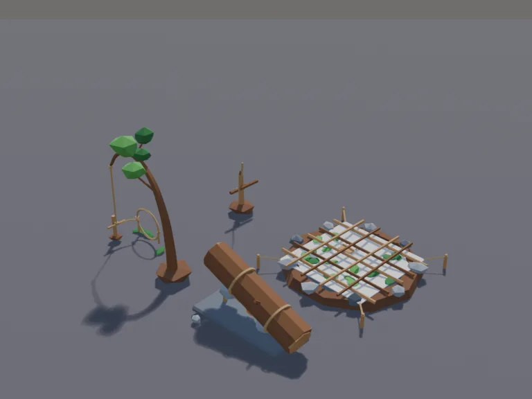 Survival Trap Set: a low-poly trap set: a rope snare loop on a bent sapling, a covered pit trap with sticks and leaves over its top, a deadfall trap with a propped heavy log,…