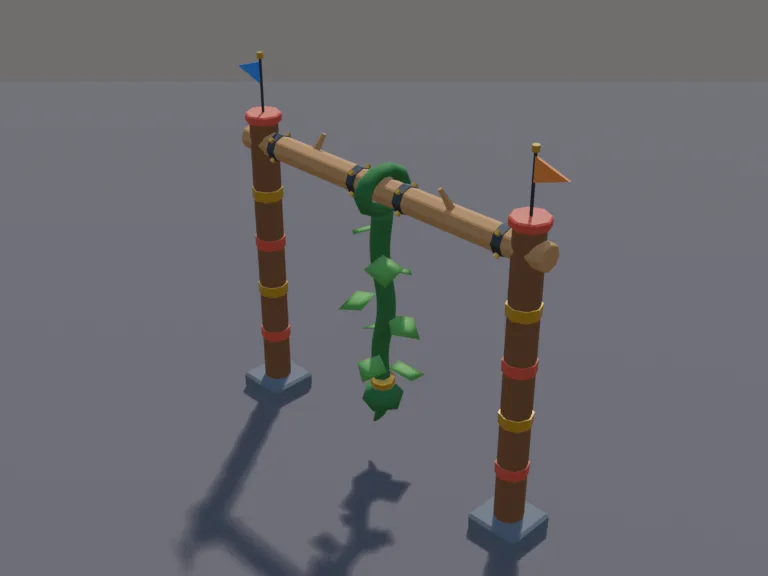 Swinging Vine Obstacle: a low-poly swinging vine obstacle: a thick green jungle vine hanging from a tree branch beam between two posts, the vine its own part so it can swing…
