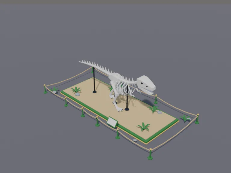 T-Rex Skeleton Display: a low-poly dinosaur skeleton display: a large T-rex skeleton mounted in a running pose on a low museum platform, with a rope barrier around it and a…