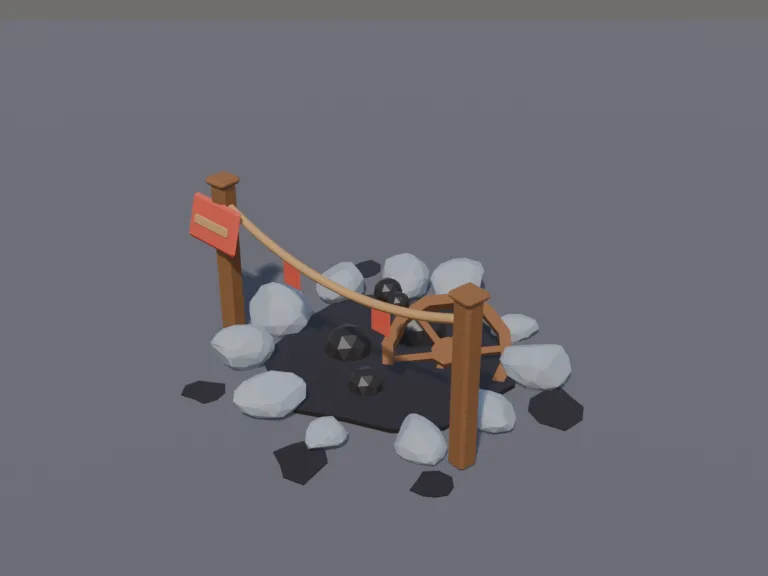 Tar Pit Trap: a low-poly tar pit trap: a bubbling black tar pool in a ring of rocks, a few sticky bubbles rising, and a wooden warning post with a rope across it.