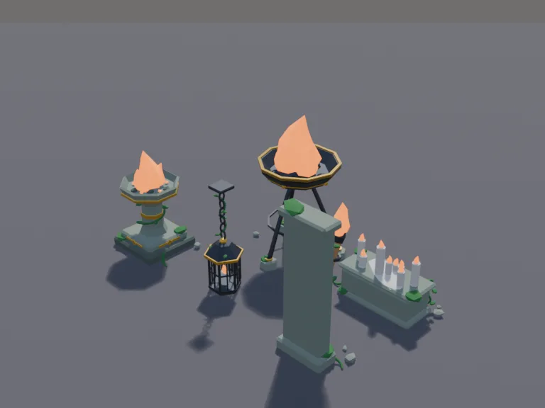 Temple Fire Set: a low-poly temple fire set: a wall torch in an iron bracket, a standing stone brazier with flames, a hanging iron lantern, a cluster of candles on a ledge and…