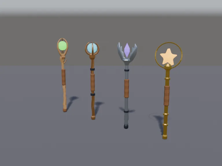 Tiered Magic Staffs: a set of four low-poly magic staffs in rising tiers: a bronze staff with a twisted shaft and a blue orb in a claw mount, a silver staff with wing shapes…