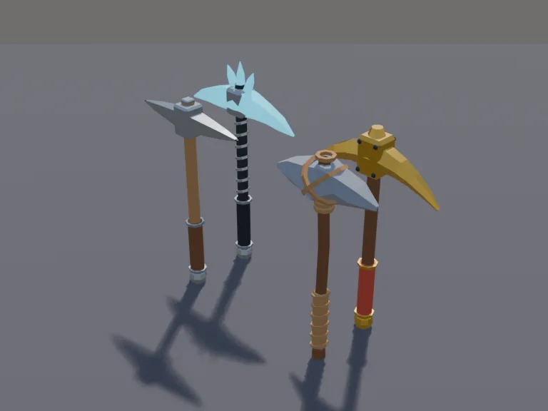 Tiered Pickaxe Set: a set of four low-poly pickaxes in rising tiers: a crude stone pickaxe with a rough rock head lashed to a stick with rope, a gold pickaxe with a curved…