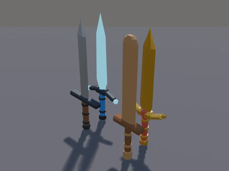 Tiered Sword Set: a set of four low-poly swords in rising tiers: a rough wooden sword, a plain iron sword, an ornate gold sword with a gem in the hilt, and a glowing crystal sword.