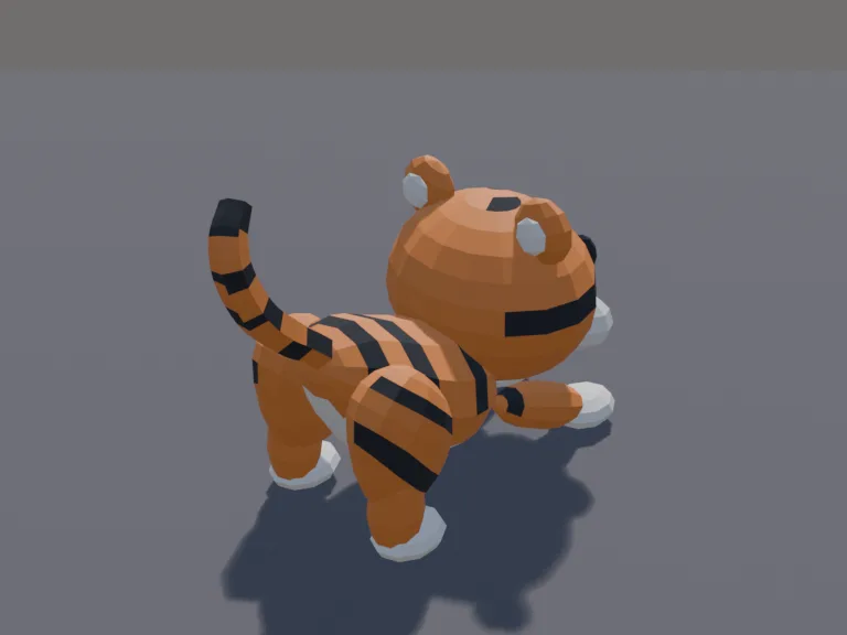 Tiger Cub Pet: a cute chunky low-poly tiger cub pet: bold black stripes, round ears with white spots behind them and a long striped tail.