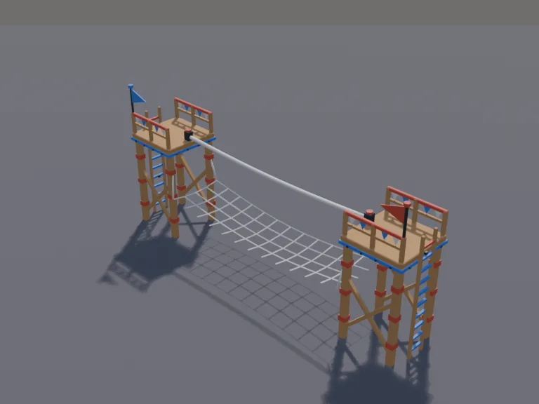 Tightrope Obstacle Course: a low-poly tightrope obstacle: a thin rope stretched between two tall wooden platforms with ladders, a safety net hanging below the rope, and small…