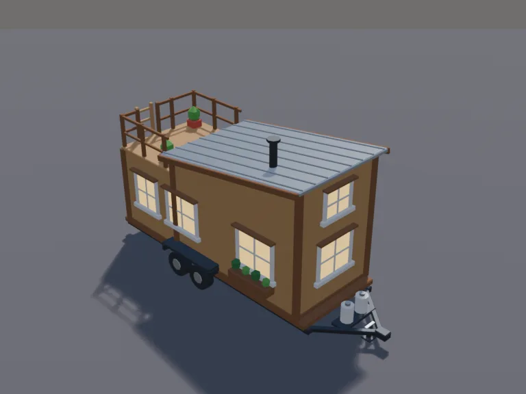 Tiny House on Wheels: a low-poly tiny house on wheels: a small wooden house on a trailer with a slanted metal roof, a loft window, a fold-down porch step, a little door, window…