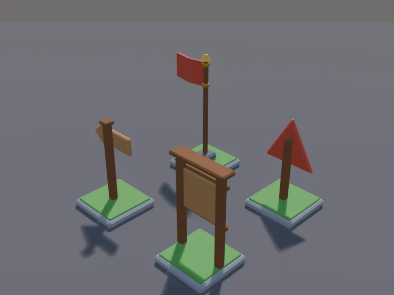 Tower Defense Lane Markers: a wooden wave-counter board left blank, a lane arrow sign, a danger sign with a red exclamation shape, and a flag marking the enemy exit.