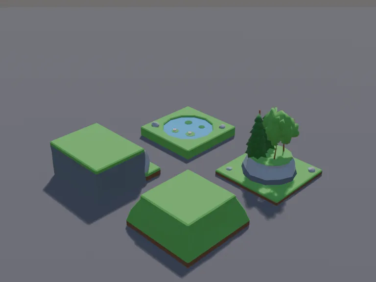 Tower Defense Terrain Tiles: a grassy hill block with a flat top for building, a rocky cliff edge piece, a cluster of trees on a raised island, and a water pond tile with lily…