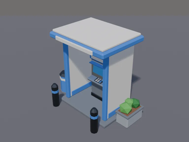 Town ATM Booth: a low-poly ATM booth: a small freestanding booth with a cash machine with a blank screen, a canopy roof, a light above, a little bin and a bollard on each side.