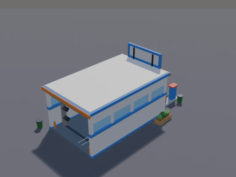 Town Car Wash: a low-poly car wash: a soap arch, a dryer arch, a pay kiosk with a blank screen and a sign frame left blank.