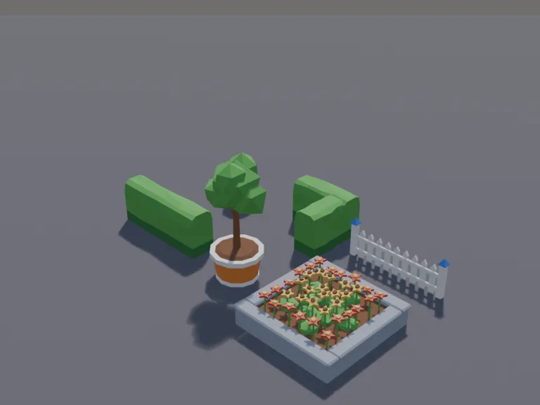 Town Flower Bed Set: a low-poly flower bed and hedge set: a square raised flower bed with red and yellow flowers, a long trimmed hedge section, a hedge corner, a round planter…