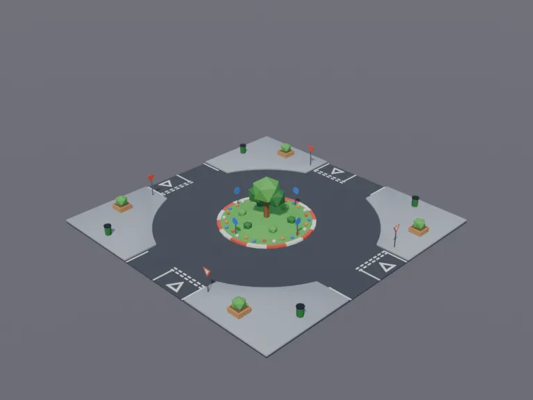 Town Roundabout Island: a low-poly roundabout island: a round raised centre island with grass, flowers and a small tree, a low kerb ring, and four give-way road marking…