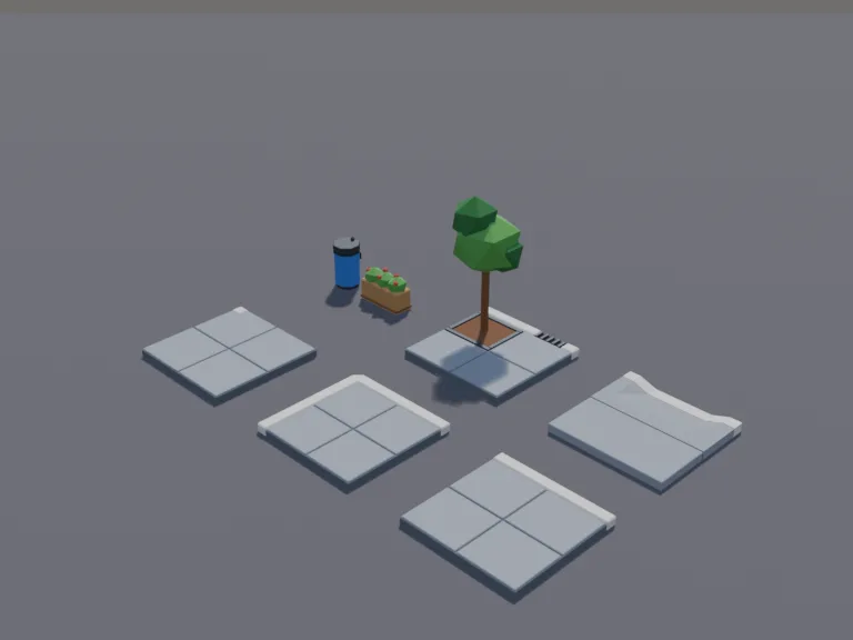 Town Sidewalk Kit: a low-poly sidewalk kit that snaps together on a grid: a straight sidewalk with a kerb, an outside corner piece, an inside corner piece, a driveway dip…