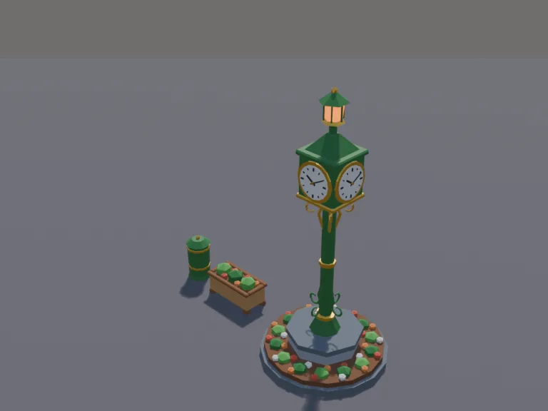 Town Square Clock: a low-poly town square clock: a tall cast-iron post clock with four round faces, ornate scrollwork, a lamp on top and a circular stone base with a ring of…