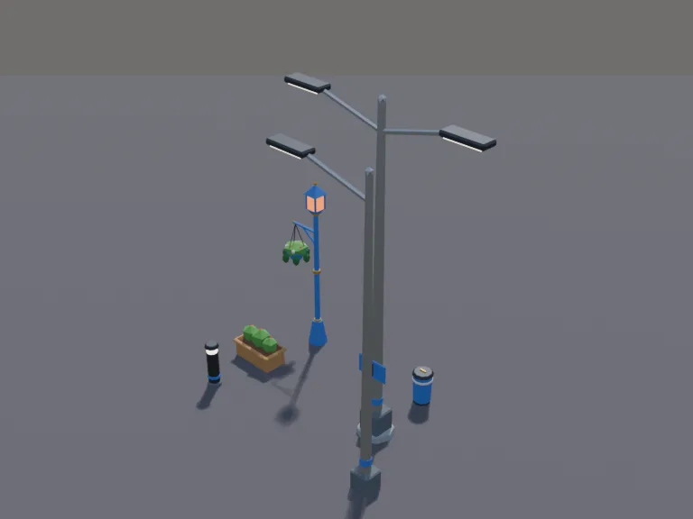 Town Streetlight Set: a low-poly modern streetlight set: a tall single-arm LED streetlight, a double-arm streetlight for medians, a short park bollard light and a lamp post…