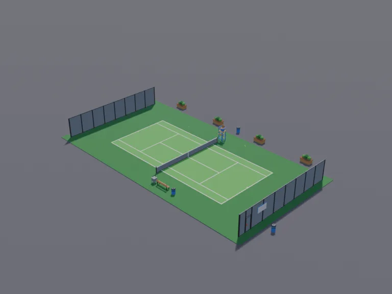 Town Tennis Court: a low-poly tennis court: a green court with white lines on a flat slab, a net with posts in the middle, a tall chain-link fence along two sides, an umpire's…