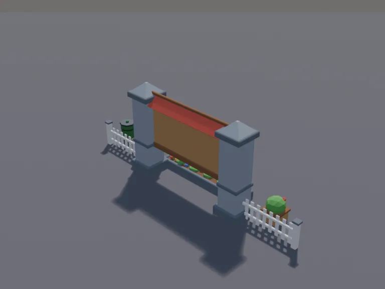 Town Welcome Sign: a low-poly town welcome sign: a big wooden sign on two stone pillars with a blank name board, a flower bed in front, two small lamps lighting the board and a…
