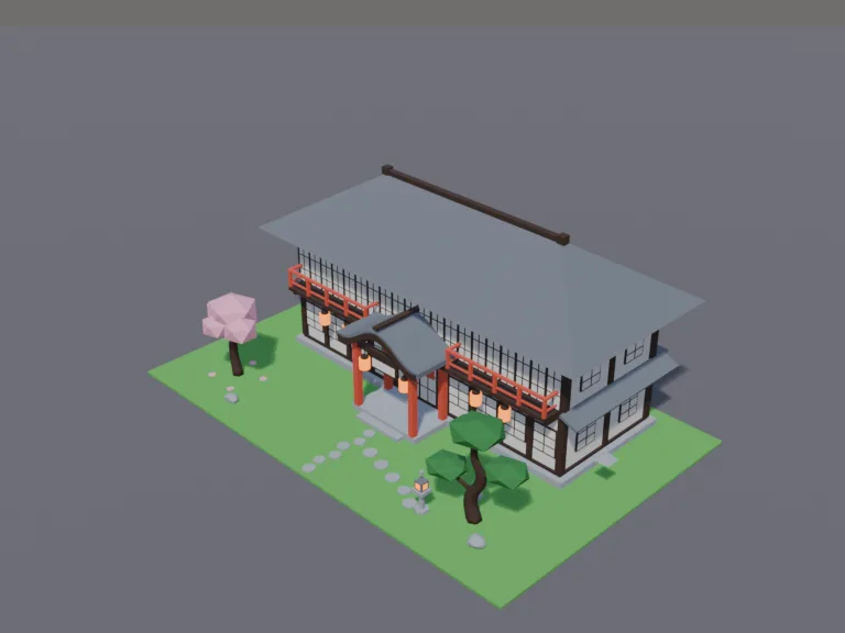 Traditional Japanese Inn: a low-poly traditional inn: a long two-storey wooden inn with balconies on the upper floor, a grand entrance under a curved roof, sliding doors,…