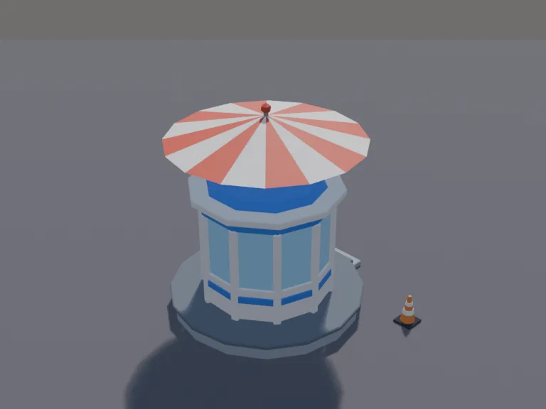 Traffic Police Booth: a low-poly traffic police booth: a small round booth with big windows, a raised platform, a traffic signal control panel, a striped umbrella on top and…