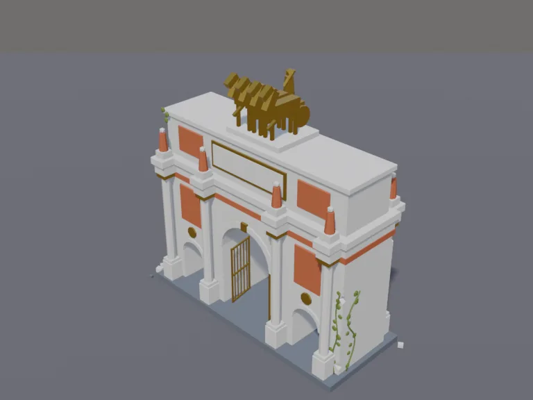 Triumphal Arch: a low-poly triumphal arch: a big stone arch with one large central opening and two smaller side openings, carved panels left plain, columns on the front and a…