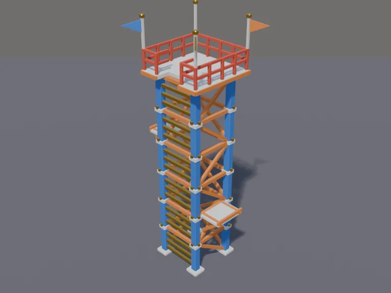 Truss Climb Tower: a low-poly truss climb tower: small resting ledges at two heights, and a platform with a railing on top.