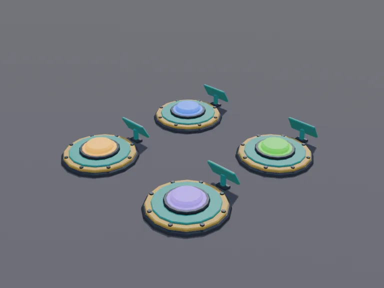 Tycoon Buy Pads: a low-poly set of tycoon purchase buttons: four round floor pads in green, blue, purple and gold, each with a raised glowing button in its centre and a small…