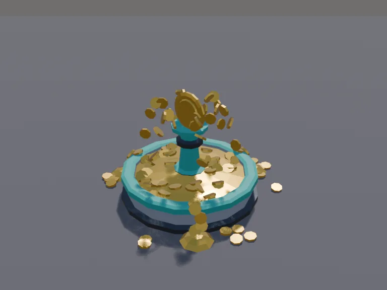Tycoon Coin Fountain: a low-poly coin fountain: a round stone basin filled with gold coins instead of water, a central pillar with a big coin on top spraying a fountain of…