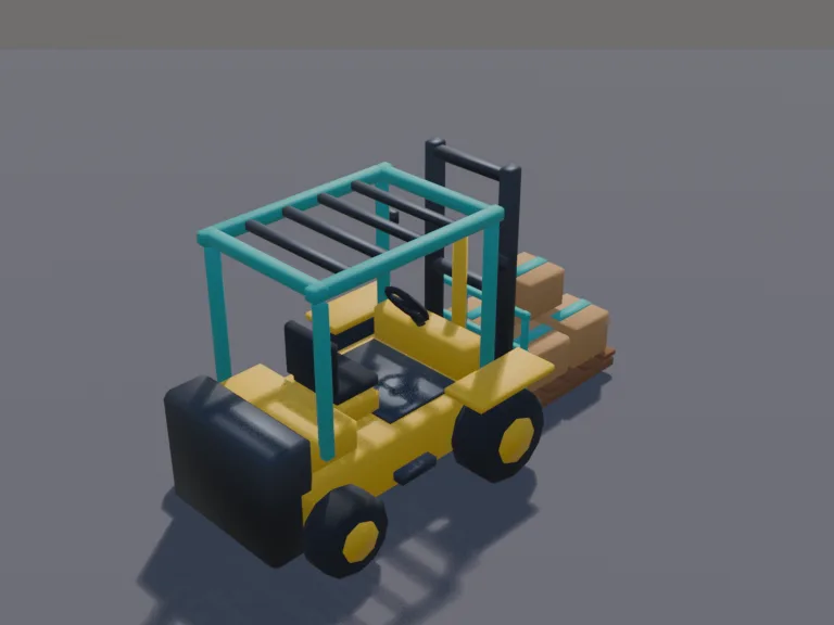 Tycoon Forklift: a low-poly forklift: a small yellow forklift with a protective cage roof, a seat and steering wheel, two forks, chunky wheels, and a pallet of boxes on the forks.