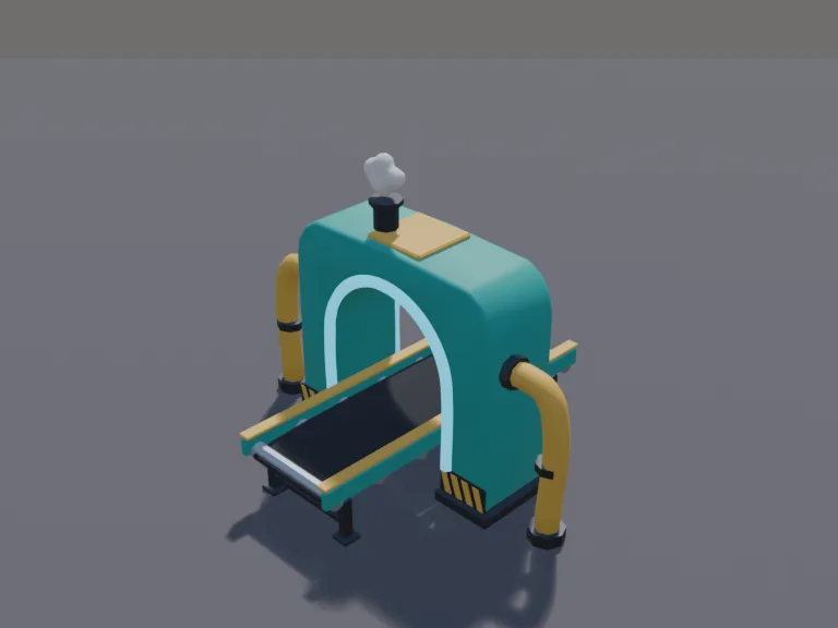 Tycoon Ore Upgrader: a low-poly tycoon upgrader: a chunky arched gate straddling a short straight conveyor belt, so ore riding the belt passes under it and gets upgraded.