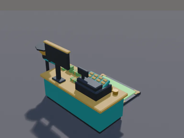 Tycoon Sell Station: a low-poly tycoon sell station: a counter with a big cash register, a glowing green sell pad on the floor in front, a coin chute on its side, a money…