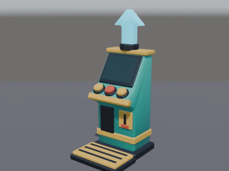 Tycoon Upgrade Terminal: a low-poly tycoon upgrade terminal: a standing kiosk with an angled screen left blank, big chunky buttons, a coin slot, a glowing arrow-up symbol on…