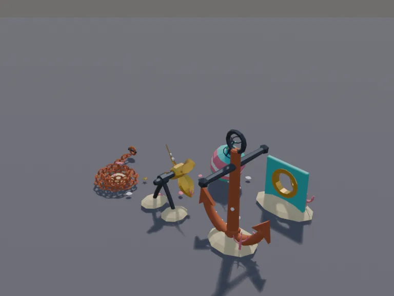 Undersea Anchor Set: a low-poly anchor set: a huge rusty ship anchor, a coil of heavy chain, a broken buoy, a barnacle-covered propeller and a sunken porthole window.